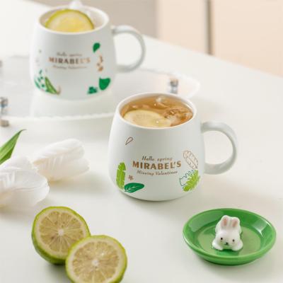 Forest Green Leaf Cute Rabbit Ceramic Cup with Doll Cover Men and Women Couple Scented Tea Drinking Cup Office Coffee Mug