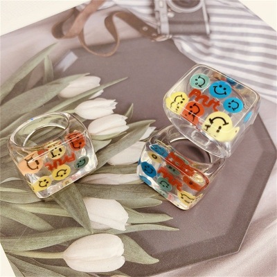Style Transparent White Cartoon Cartoon Resin Ring Homemade Smiley Face Crystal Color Block Ring Jewelry Wholesale