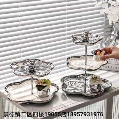Ceramic String Disk Fruit Plate Dim Sum Dish Cake Plate Snack Plate Three-Layer Two-Layer Electroplating Golden Edge Foreign Trade New