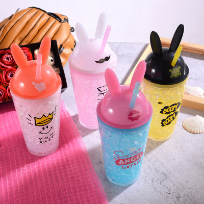 New Cute Rabbit Ears Straw Cup Creative Cool Rabbit Ice Cup Fashion 480ml Double Layer Straw Plastic Cup