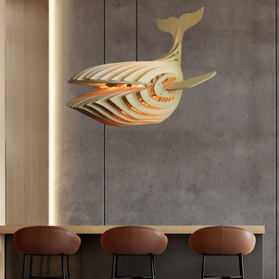 Japanese-Style Whale Chandelier Wooden Creative Dining Room/Living Room Bedroom Hot Pot Restaurant Lamp Special Decoration Fish Lamp Modeling Lamp