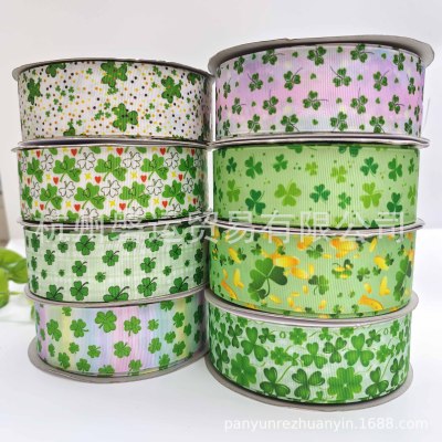 Cross-Border Hot Sale 3.8cm Irish Festival Decorative Colored Ribbon Four-Leaf Clover Ribbed Band Thermal Transfer Ribbon