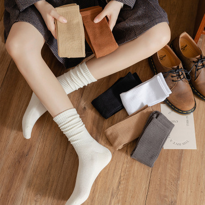 SocksKorean Style Autumn and Winter Solid Color Cotton Middle Tube Socks Women's Terry Socks Bunching Socks Ins Style Terry-Loop Hosiery Floor Socks Wholesale