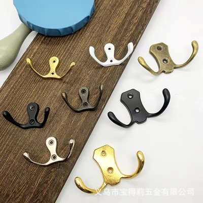 Zinc Alloy Hooks Wall Hanger Wardrobe Metal Hook Clothes Hook behind Doors Black Double Hook Bathroom Punch Rack