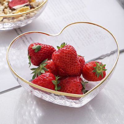 Transparent Glass Love Bowl Creative Heart-Shaped Golden Trim Hammered Pattern Glass Salad Bowl Fruit Dessert Meal