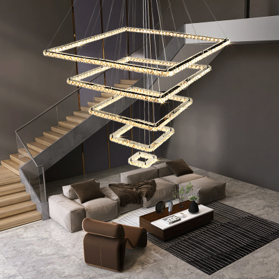 Living Room Chandelier Light 2022-Inch Duplex Building Loft Stair Lamps Luxury Square Restaurant Crystal Lamp Modern Simple Large