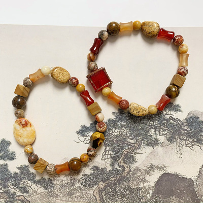 Original New Chinese Natural Book Stone Tiger Stone Agate Bracelet Female Retro Style Glaze Bracelet Ornament Wholesale