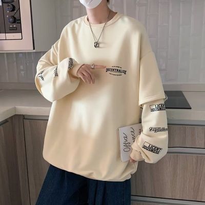 Autumn Crew Neck Sweater Men's Hong Kong Style Trendy Brand Loose Stitching Printed Long-Sleeved Top Handsome Long T Men's Seamless Hair Generation