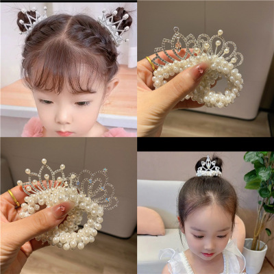 Children's Crown Headdress Little Girl Pearl Princess Hair Rope Baby Hair Ring Cute Chibi Maruko Chan Head Rope Rubber Band Hair Accessories