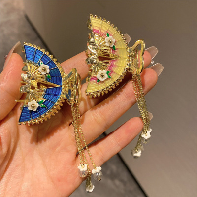 Exquisite High-Grade Fan Tassel Hairpin New Chinese Style Niche Design Retro Updo Grip Small Size Shark Clip