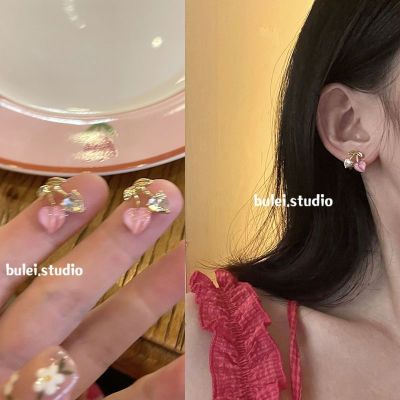 Pink Small Cherry Ear Studs ~ Diamond-Embedded Sweet Girl Cute Earrings Love 2022 Summer New Earrings Ear Clip