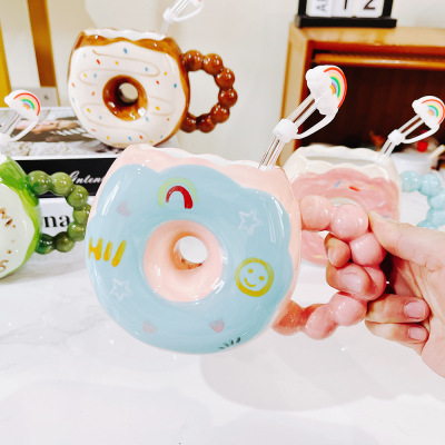 Ceramic Cup with Rainbow Straw Good-looking High-Grade INS Mug Creative Donut Water Cup Female Gift Wholesale