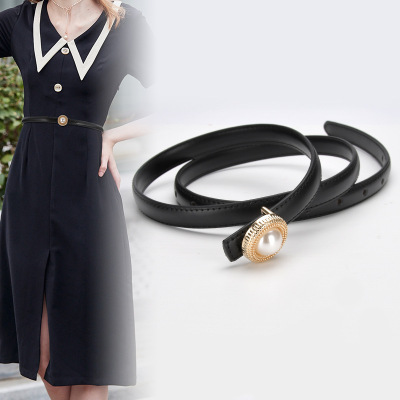 New Cowhide All-Match Genuine Leather Pearl Thin Belt Women's Summer Ins Style Suit Belt Black Jeans Strap