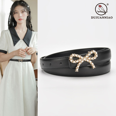 Women's French-Style Pearl Inlaid Smooth Buckle Cowhide Belt Decorative Dress Pants All-Matching Genuine Leather Belt