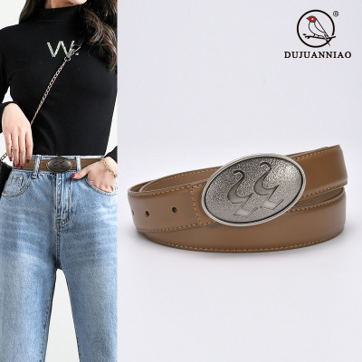 Antique Belt Oval Silver Buckle Women's Korean-Style Simple Cowhide Belt Women's Jeans with Shirt Live Delivery