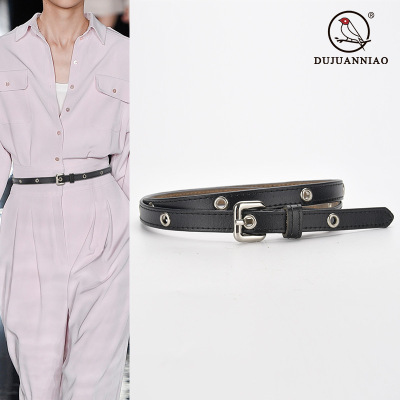 New Cowhide Women's Belt Personality Fashion Air Eye Decorative Rivets Belt Women's Fashion Dress Thin Belt Fashion