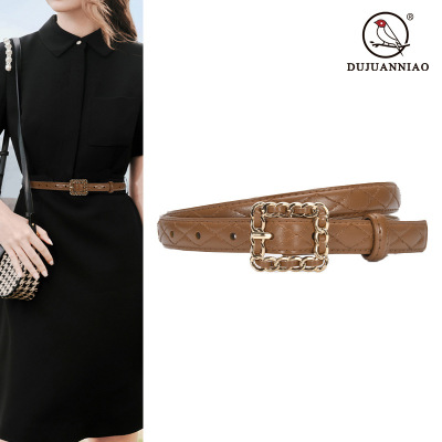 Retro Debutante Style Diamond Plaid Leather Belt with Jeans Versatile Cowhide Belt Female Ornament Skirt Waist