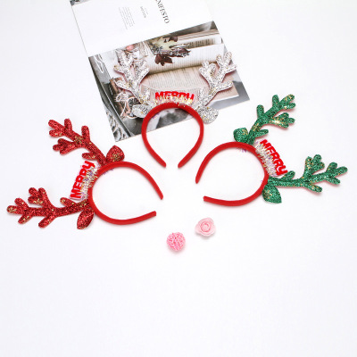 Rl538 Christmas Holiday Decoration New Christmas Antlers Headband Feather Word Plate Ear Antler Headband