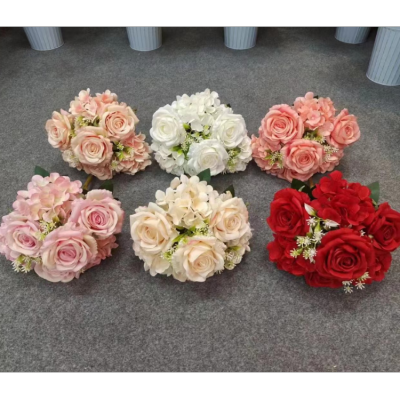 7 Roses with Hydrangea Artificial Flower Bundled Flower Home Artificial Flowers Factory Wholesale