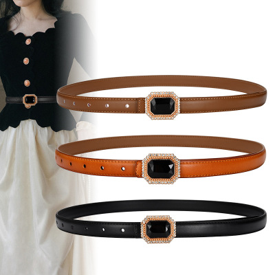 Cross-Border Supply Genuine Leather Gem Belt Fashion All-Match Patent Leather Cowhide Buckle Belt with Suit Jeans Strap