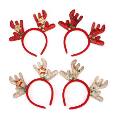 Rl564 Christmas Antlers Headband Glittering Powder Five-Star Color Bell Antler Hair Accessories Christmas Festival Decorative Crafts Manufacturer