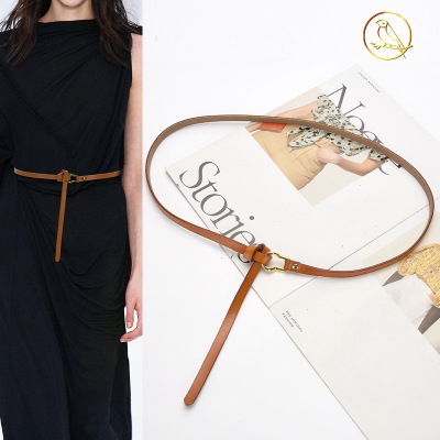 New Korean Style Knotted Women's Leather Thin Belt Women's Decorative Dress Horseshoe round Buckle Cowhide Small Belt