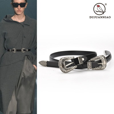 Double Buckle Vintage Engraving Fashion Silver Buckle Ladies' Pin Buckle Belt Women's Casual All-Match Trouser Belt Black European and American Belt