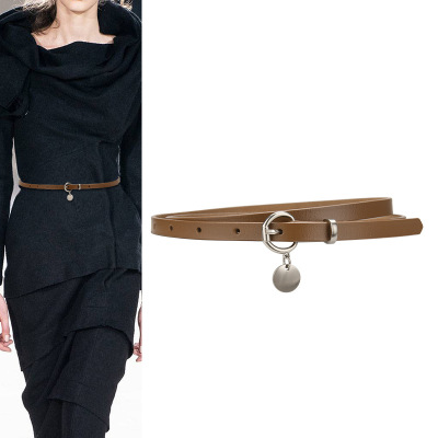 New Korean Style Women's Leather Belt Cowhide Belt round Pin Buckle Casual Thin Coat Overcoat Decorative Band Ins