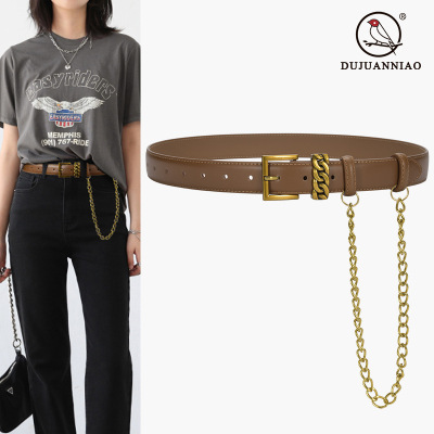 Metal Sense Punk Belt Female Unique Design Genuine Leather Detachable Chain Belt with Shirt Dress Waist Seal