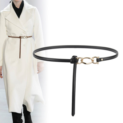 Genuine Leather Women's Thin Belt Knotted Decoration Business Suit and Dress Tight Waist Thin Belt Fashion All-Match Black Small Waist Decorations