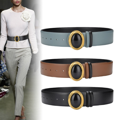 New Double-Sided Waist Seal Women's Simple All-Match Gem Inlaid Leather Belt Female Ornament with Skirt Wide Belt Women