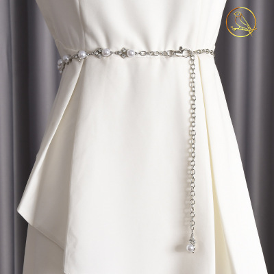 Women's Metal Thin Waist Chain Sweet Rhinestone Pearl Accessory for Dresses Versatile Personality Chain Belt Narrow Women's Fashion