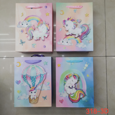 Cartoon Unicorn Gift Bag Paper Bag Tote Bag 3D Dusting Powder in Stock