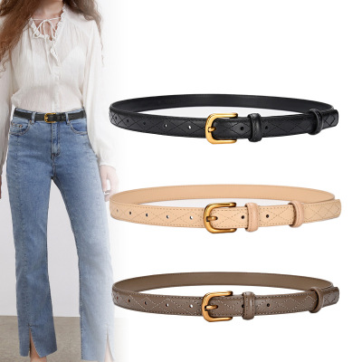 Niche Belt Women's Cowhide Decorative Retro Debutante Style Diamond Plaid Leather Belt with Jeans Belt Belt Factory Wholesale
