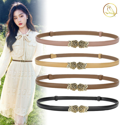 Fashion Genuine Leather Camellia Thin Belt New Ornament with Skirt Waist Trimming Versatile Punch-Free Suit Small Belt