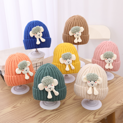Autumn and Winter New Children Hat Cartoon Lamb Candy Color Woolen Cap plus Velvet Thermal Knitting Sleeve Cap Baby Hat