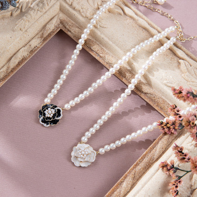 Classic Style Necklace Chanel-Style Korean Style Black and White Camellia Light Luxury Pearl Women's Necklace Bracelet Collection