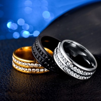 Cross-Border European and American Hot Titanium Steel Double Row Diamond Ring Korean Fashion Stainless Steel Diamond Couple Ring Female Accessories