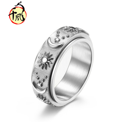 Amazon Sun Moon and Star Titanium Steel Ring Rotatable Bohemian Wind Decompression Ring Hand Jewelry