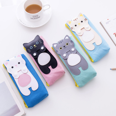 Cat Cartoon Simple Canvas Pencil Bag Men's and Women's Stationery Box Wholesale Delivery