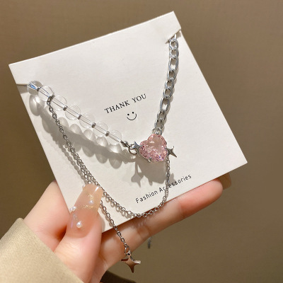 Sweet Cool Pink Love Pendant Tassel Necklace Female Ins Hip Hop Hot Girl Style Clavicle Chain Light Luxury High-Grade Accessories