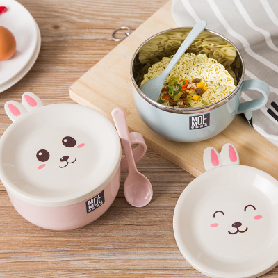 Stainless Steel Double-Layer Anti-Scald Instant Noodle Bowl Cute Bunny with Lid and Spoon Instant Noodle Bowl Set 