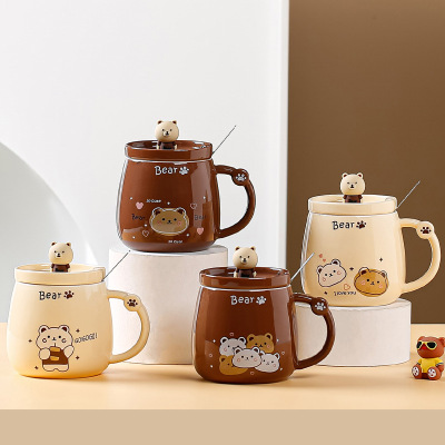 Cartoon Bear Ceramic Cup Home Office with Cover Spoon Mug Good-looking Water Cup Couple Coffee Breakfast Cup