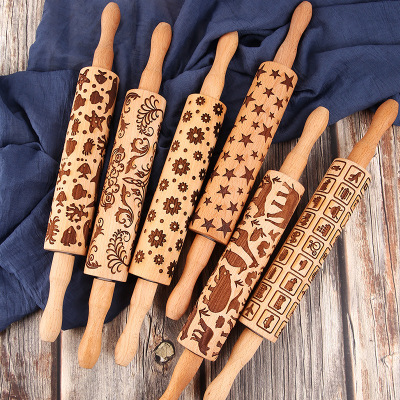 Beech Solid Wood Rolling Pin Printing Rolling Pin Baking Tool Roller Clay Tools Mud Pressing Stick Biscuit Mold