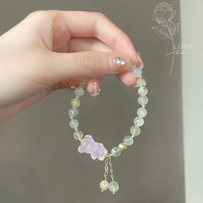 Natural Prehnite + Pink Crystal Beaded Bracelet ~ Super Fairy Ins Green Milk-in-Water Soft and Adorable Bear Bracelet Female Girlfriends Gift