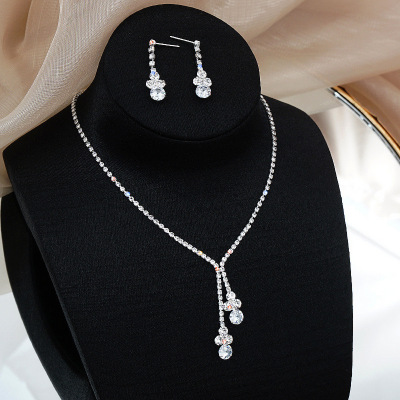 Bright Water Drop Zircon Rhinestone Necklace Eardrops Two-Piece Bridal Wedding Dress Dinner Party Ornament