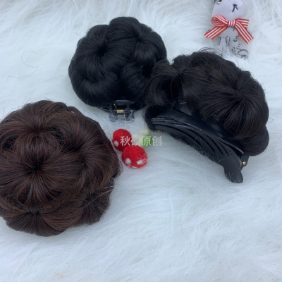 Qiushuo Wig Women's Nine Flower Hair Bag with Diamond Artificial Hair Bun Headdress Flower Hair Band Curly Hair Clip Bun
