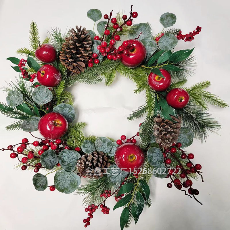 圣诞花环红果松果松针花环圣诞节装饰门环壁挂橱窗壁炉藤条装饰品