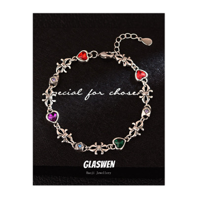 High-Grade Color Heart-Shaped Zircon Flower-De-Luce Crowe Bracelet Girls Niche Korean All-Match Jewelry Jewelry Wholesale