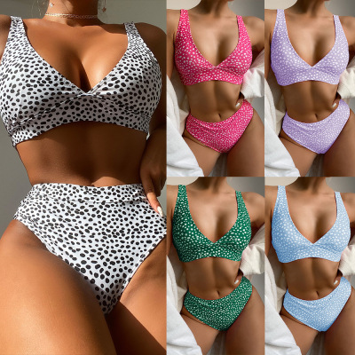 Spot European and American AliExpress Sexy V-neck Dot Bikini High Waist Split Swimsuit Swimwear Women